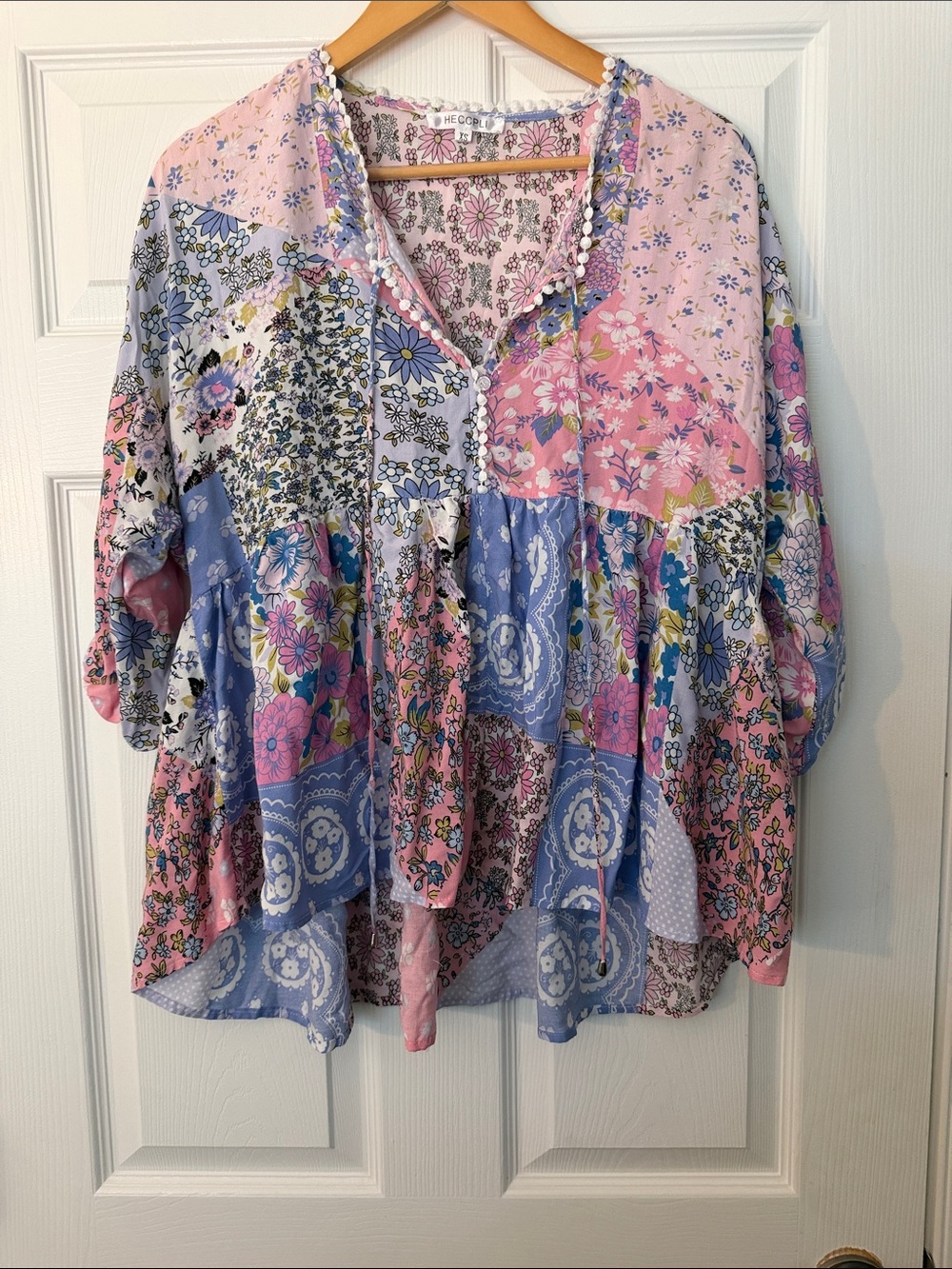 Boho Patchwork Floral Peasant Top - Pink & Blue